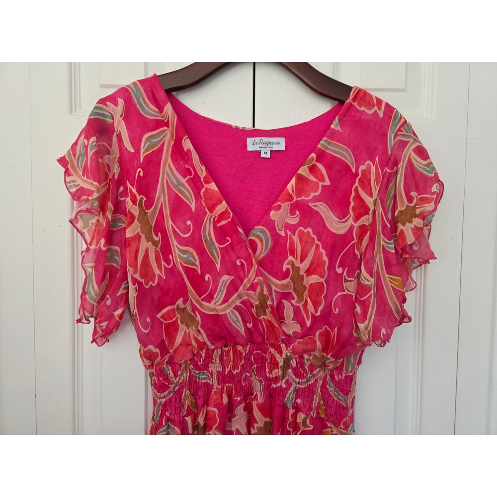Le Ragazze Floral Silk Blend Flutter Sleeve Dress Womens M Pink Made in Italy - Picture 2 of 7